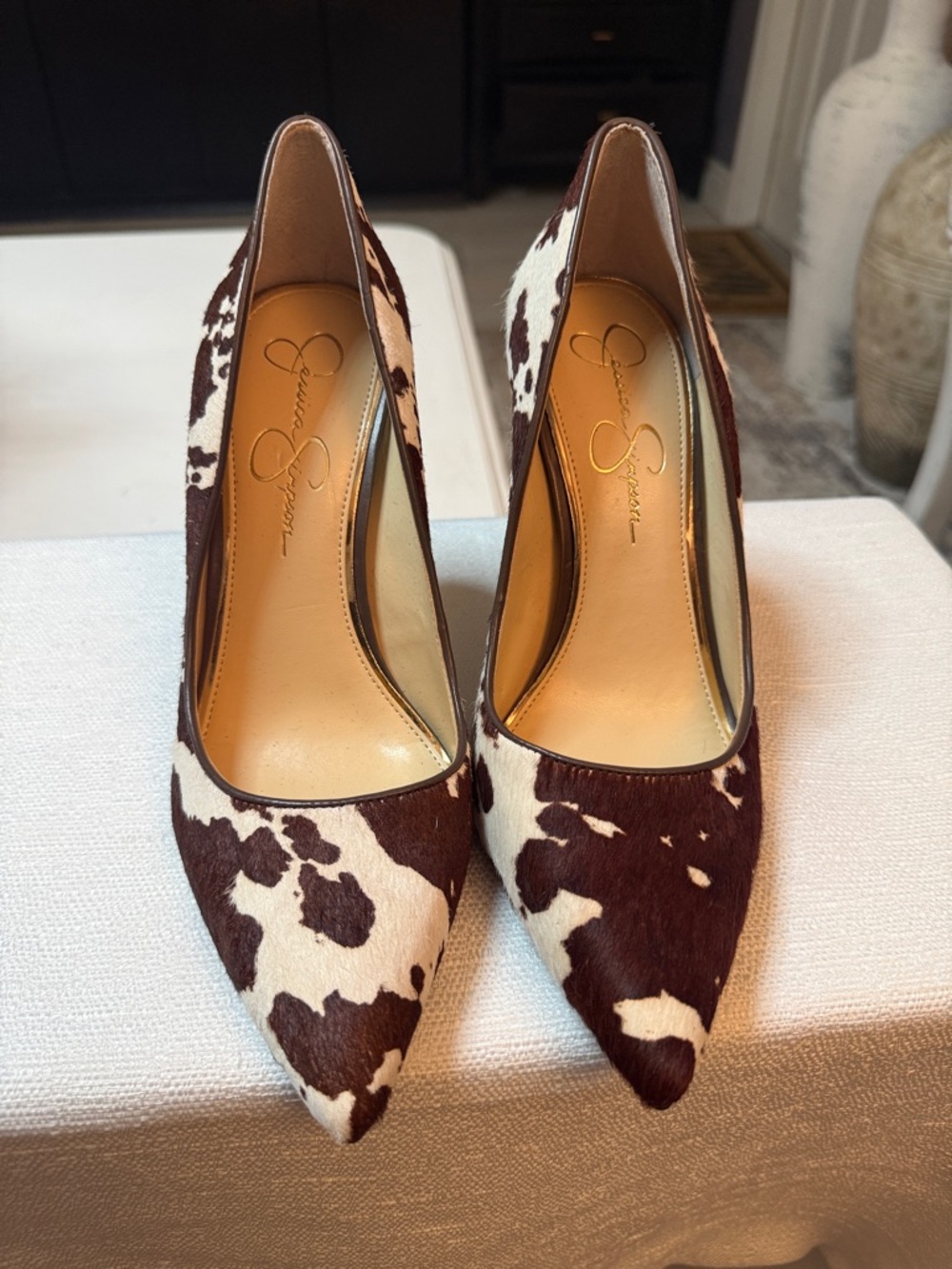 Jessica Simpson Brown and White Cow Print Pointed Haircalf Pumps